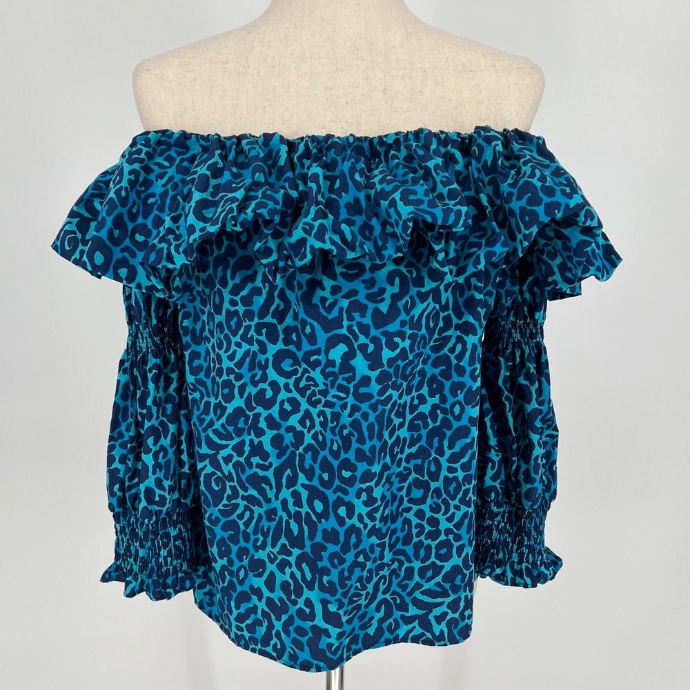 Lilly Pulitzer Womens Leopard Print Off the Shoulder Ruffle Top Size XS Blue